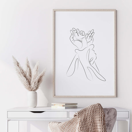 Grabing hands erotic line art print for black and white minimalist home decor, bedroom, living room decor.