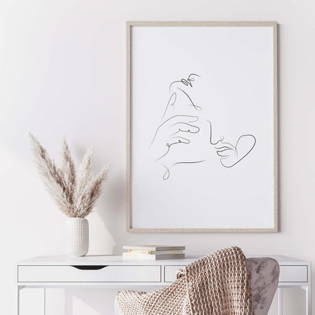 A man holds the woman's neck from behind erotically line art print for black and white minimlaist home decor, bedroom decor, sex home decor, living room decor.