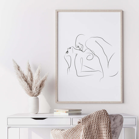 Missionary Grind sex pose line art for minimalist home decor, bedroom, living room decor, erotic home decor.