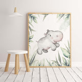 Watercolor safari animals print for gender neutral nursery decor, baby boys room decor, toddler room decor, girls room decor, animals: hippo.