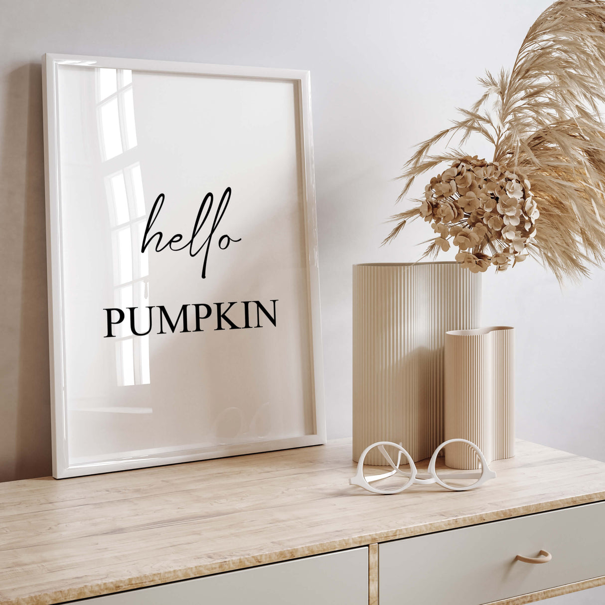 Hello pumpkin quote print for minimalist autumn home decor.