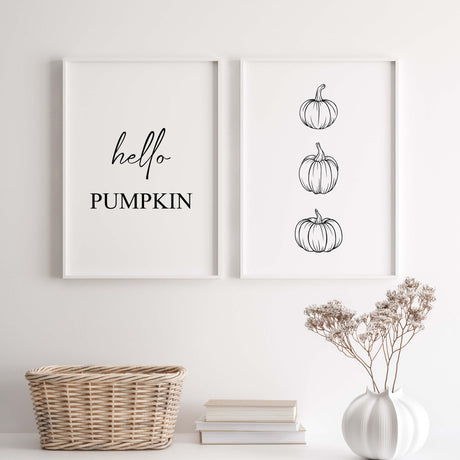 Line art fall print with hello pumpkin quote and line art pumpkins for minimalist autumn home decor.