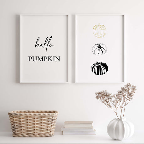 Hello pumpkin quote and line art pumpkin print for minimalist fall home decor.