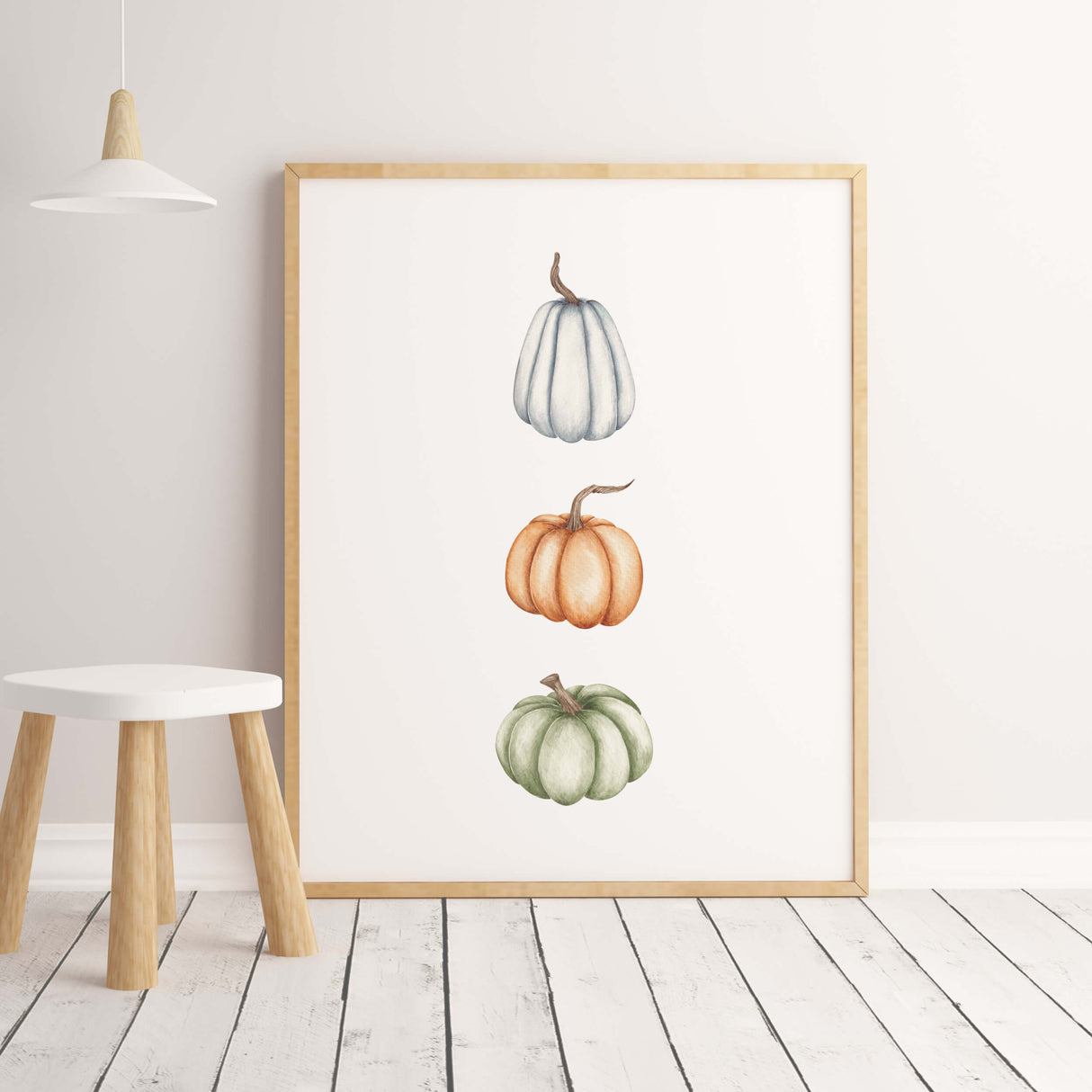 Watercolor pumpkin print with blue, orange, green for autumn home decor