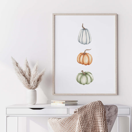 Watercolor pumpkin print with blue, orange, green for autumn home decor