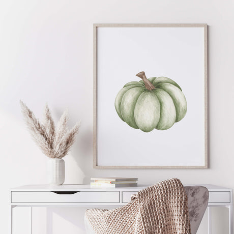 Watercolor green pumpkin  print for boho autumn decor