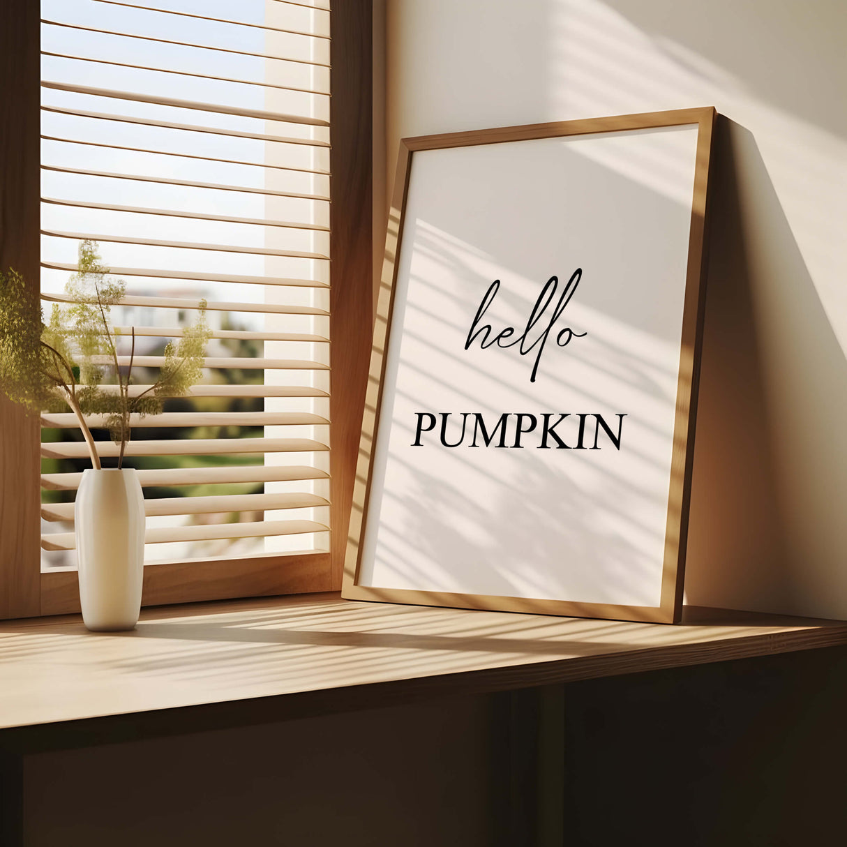 Hello pumpkin quote print for autumn minimalist home decor in black and white, gold.