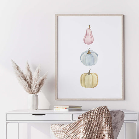 Watercolor pumpkin print with pink, blue, yellow for autumn home decor