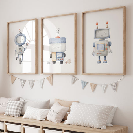 Set of 3 watercolor robot print for boys room decor.