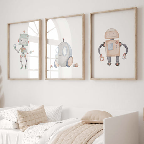 Set of 3 watercolor robot print for boys nursery decor and toddler room decor.