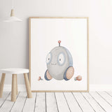 Watercolor gray robot for boys room decor.