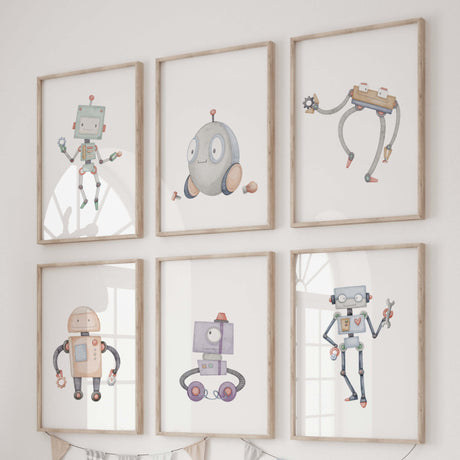 Set of 6 robot print for boys nursery decor.