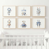 Set of 6 watercolor robot print for boys room decor, toddler room decor, robot nursery decor.