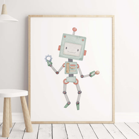 Watercolor robot print for toddler room decor.