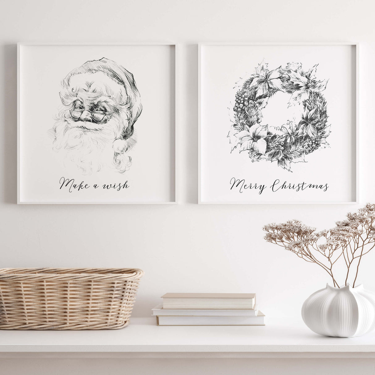 Black and white Santa sketch and wreath print with Merry Christmas and Make a wish  quote for black and white christmas wall decor.