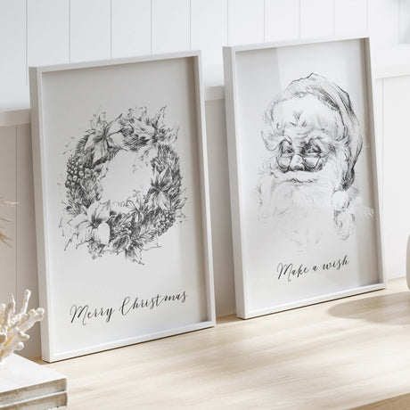 Black and white Santa and wreath sketch print with Merry Christmas and Make a wish  quote for christmas wall decor.