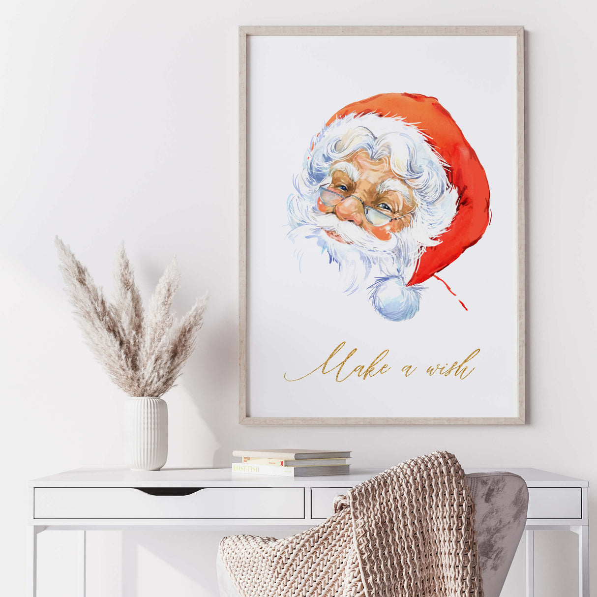 Watercolor Santa Claus poster with in gold colors "Make a wish" quote for christmas wall decor.