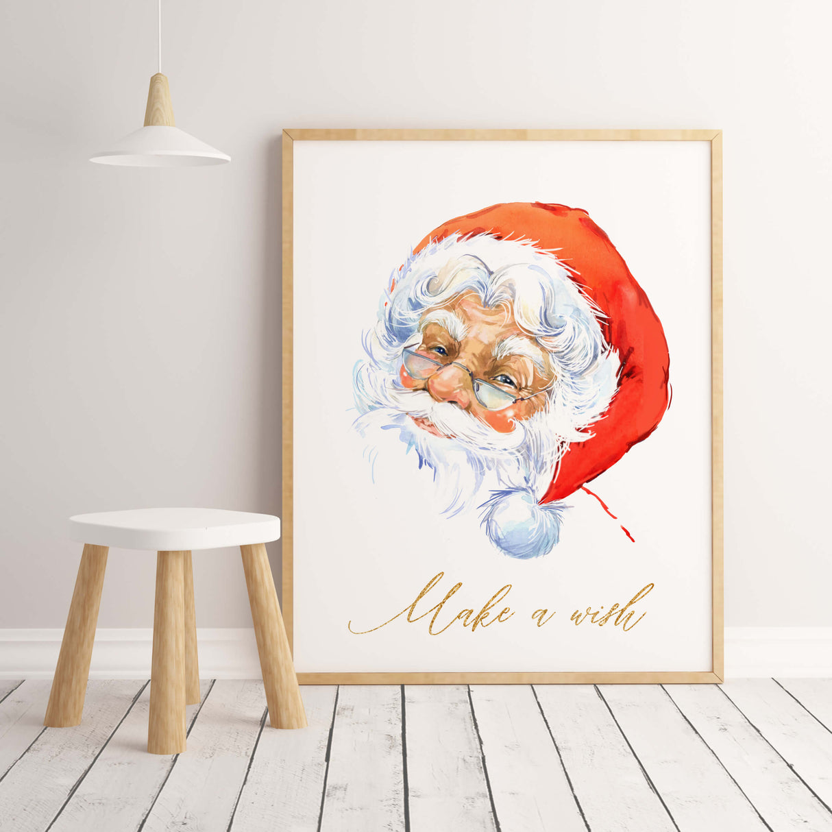 Watercolor Santa print with in gold colors "Make a wish" quote for christmas wall decor and winter home decor.