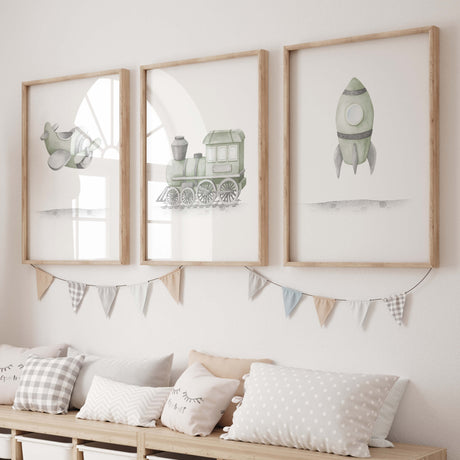 Set of 3 watercolor sage green transport print with train spaceship_and_airplane for toddler and baby boys room decor.