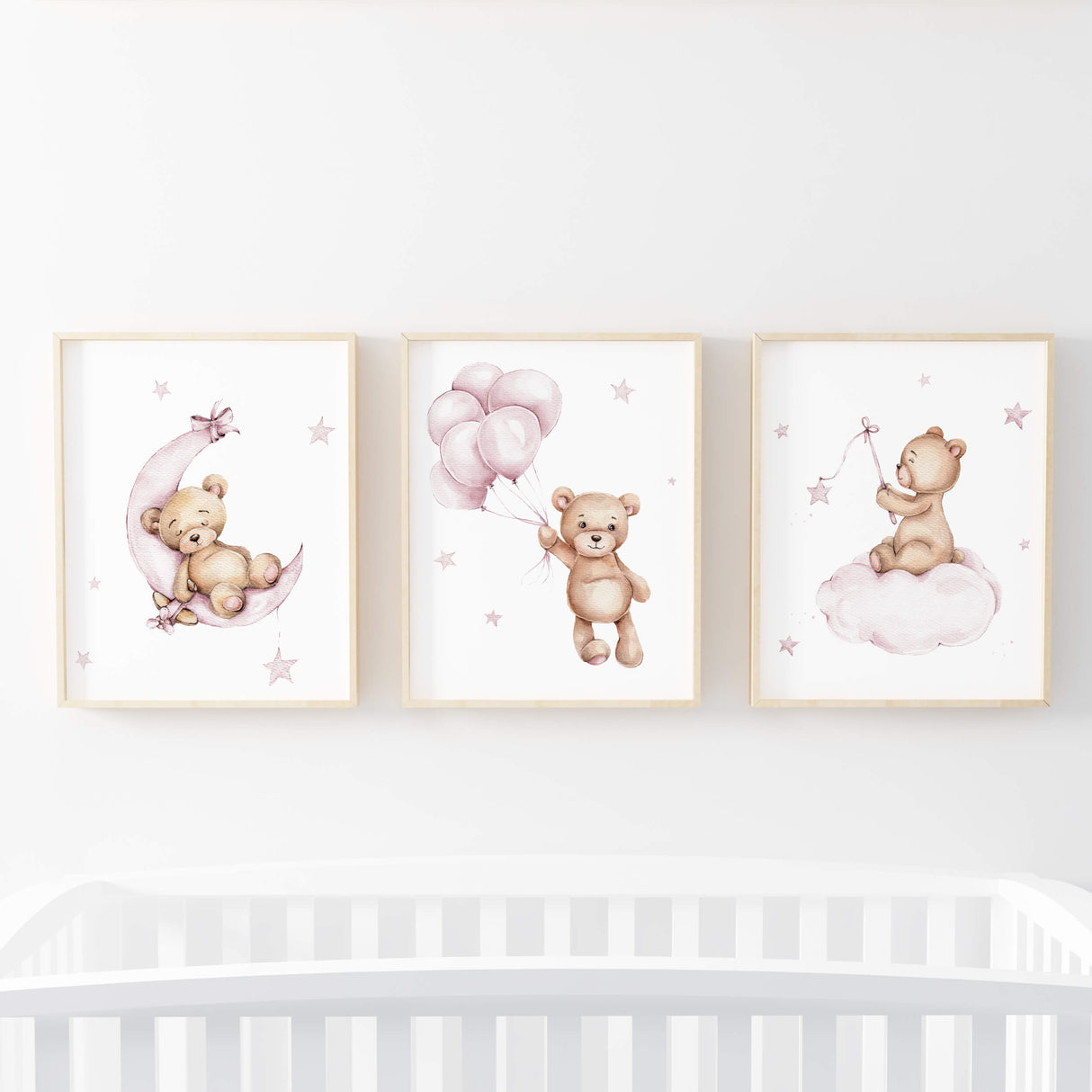 Set of 3 pink nursery wall art with teddy bear 