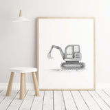 Watercolor black gray construction vehicle print with digger for toddler room decor, baby boys room decor, sage green nursery decor.