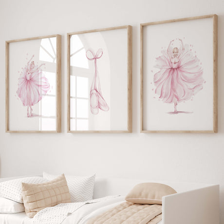 Set of 3 watercolor pink ballerina print for girls room decor