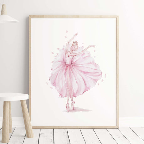 Watercolor ballerina print with dancing girl for girls room decor.