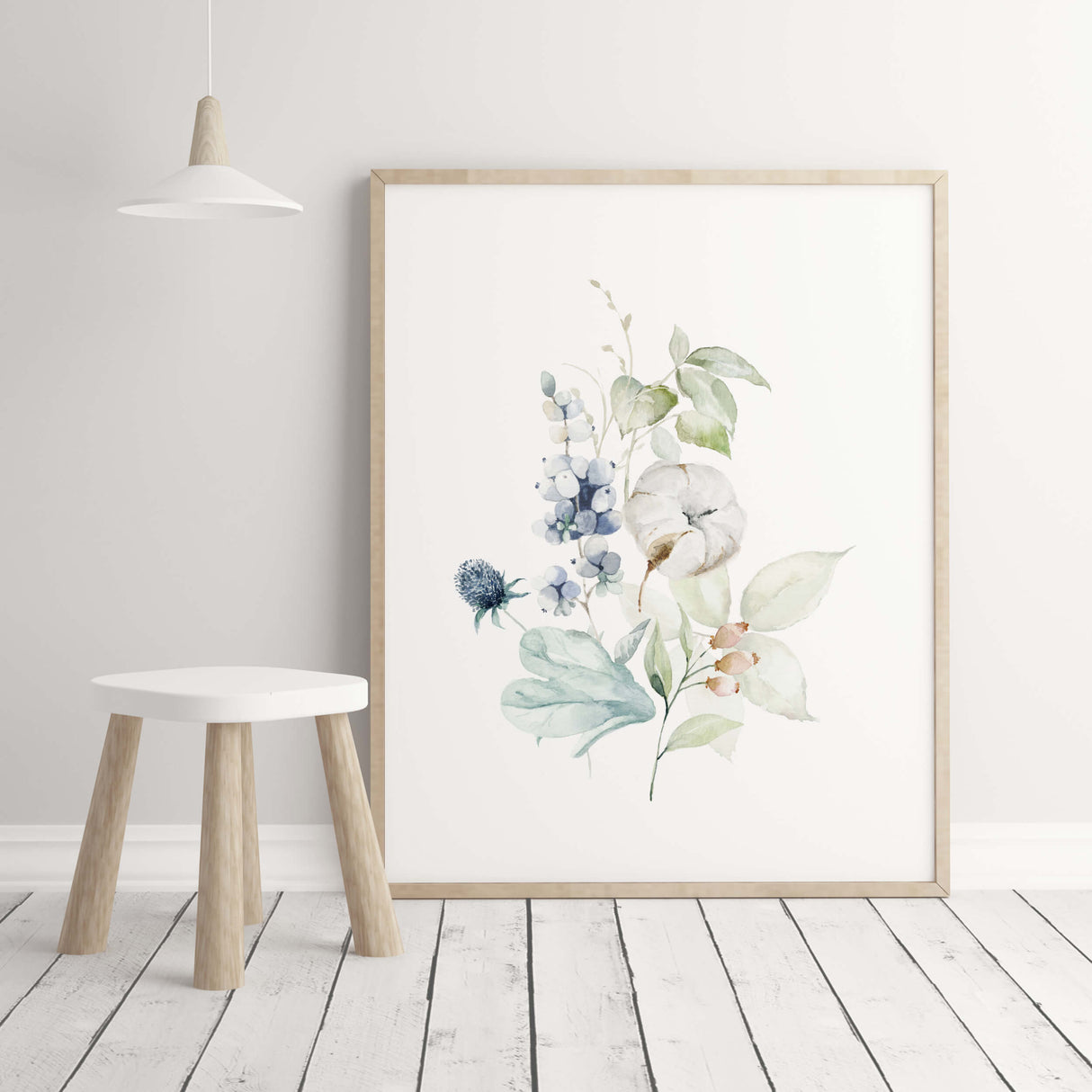 Watercolor winter flower print in blue, mint, white colors for neutral home decor.