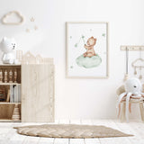 Watercolor teddy bear poster on the cloud  in sage green and brown colors for gender neutral nursery decor.