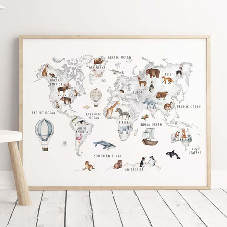 Watercolor kids world map with continent and animals in gray color print for neutral nursery decor.