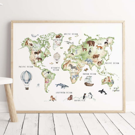 Green and brown nursery world map with continent and animals for neutral nursery and kids decor.