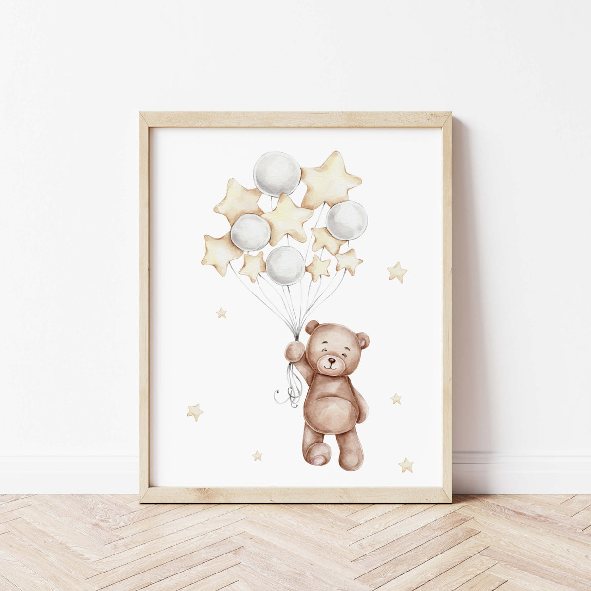 Watercolor teddy bear with balloon print in gray, brown, yellow colors for gender neutral nursery decor, baby girls room decor, toddler room decor, baby boys room decor.