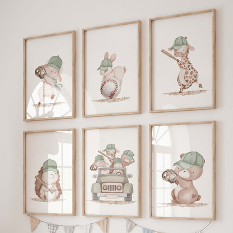 Watercolor baseball nursery print with woodland animal in sage green, beige, brown colors for gender neutral nursery decor, boys room decor, toddler room decor and baseball nursery decor.