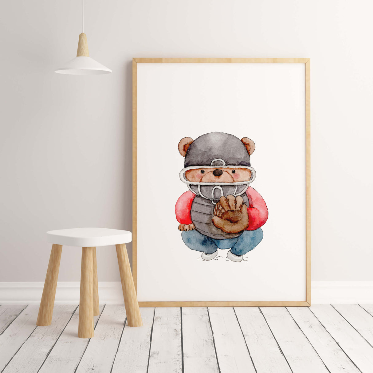 Watercolor baseball woodland print in red, blue, brown colors for baby boys room decor, toddler room decor, gender neutral nursery decor, baseball nursery decor.