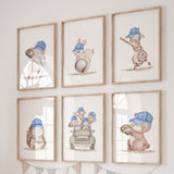 Watercolor baseball with woodland animals nursery print for baby boys room decor, toddler room decor.