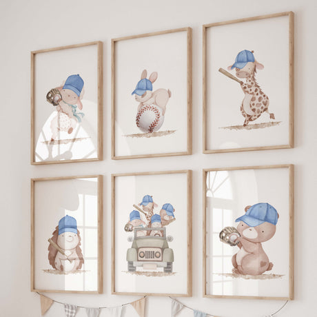 Watercolor baseball with woodland animals nursery print for baby boys room decor, toddler room decor.