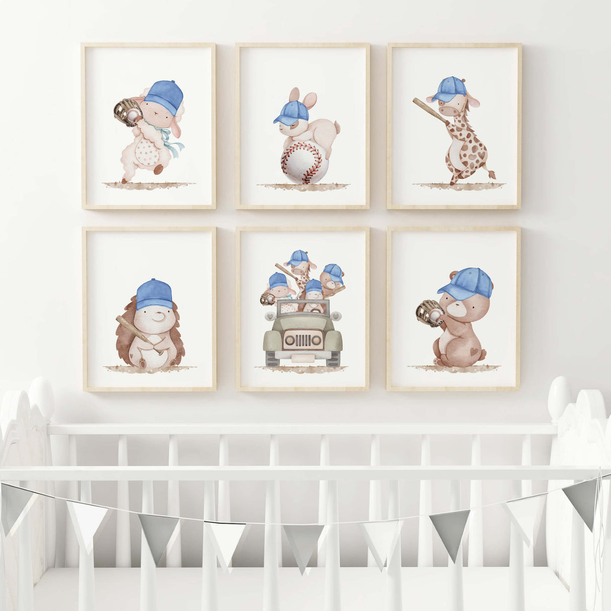 Watercolor baseball with woodland animals nursery poster for baby boys room decor, toddler room decor.