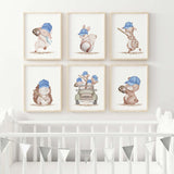 Watercolor baseball with woodland animals nursery poster for baby boys room decor, toddler room decor.