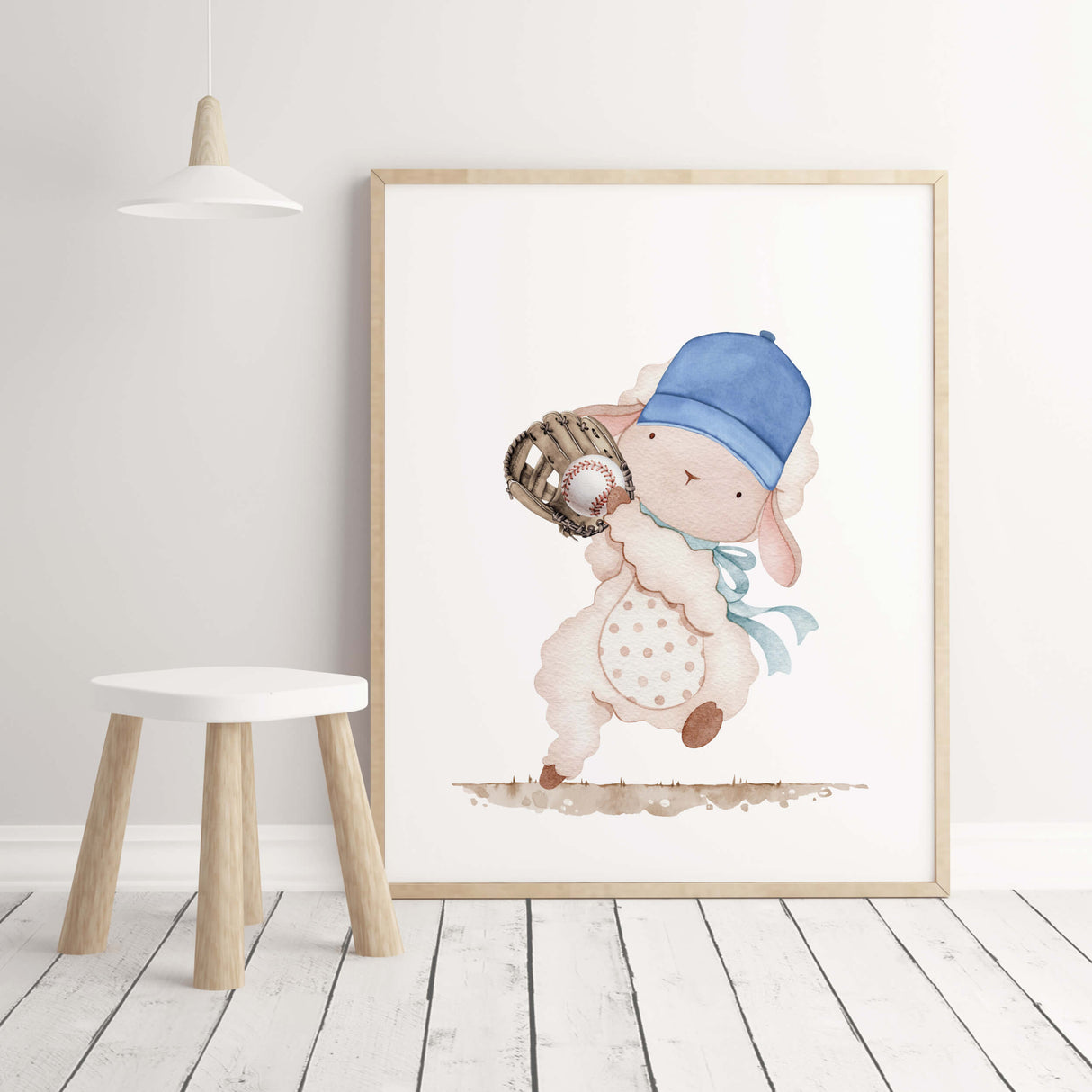 Watercolor baseball with woodland animals nursery print for baby boys room decor, toddler room decor.