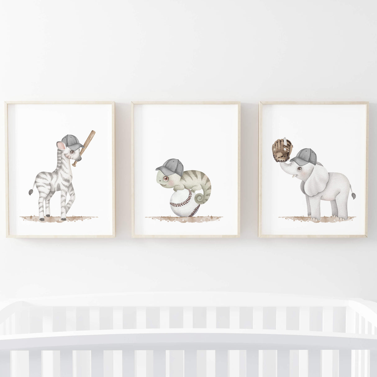 Watercolor baseball nursery poster with safari animals in gray, brown colors for baby boys room and toddler room decor, kids room decor.