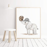 Watercolor baseball nursery print with elephant in gray, brown colors for baby boys room and toddler room decor, kids room decor.