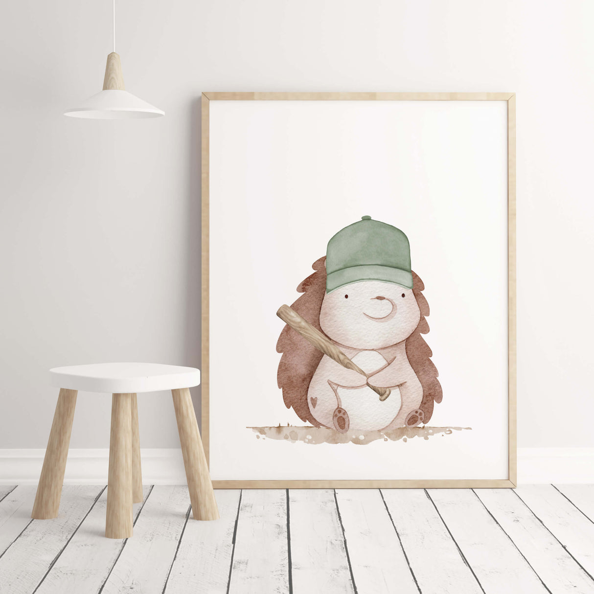 Watercolor baseball nursery print with hedgehog in sage green, beige, brown colors for gender neutral nursery decor, boys room decor, toddler room decor and baseball nursery decor.