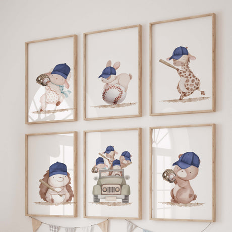 Watercolor baseball woodland animals print in beige, brown and navy colors for toddler room decor and baby boys room decor.