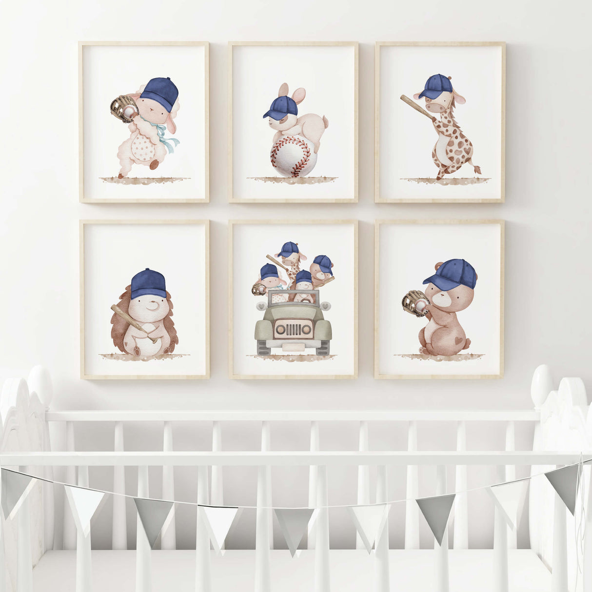 Watercolor baseball woodland animals poster in beige, brown and navy colors for toddler room decor and baby boys room decor.