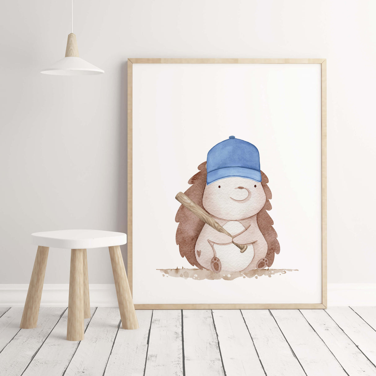 Watercolor baseball with woodland animals (hedgehog) nursery print for baby boys room decor, toddler room decor