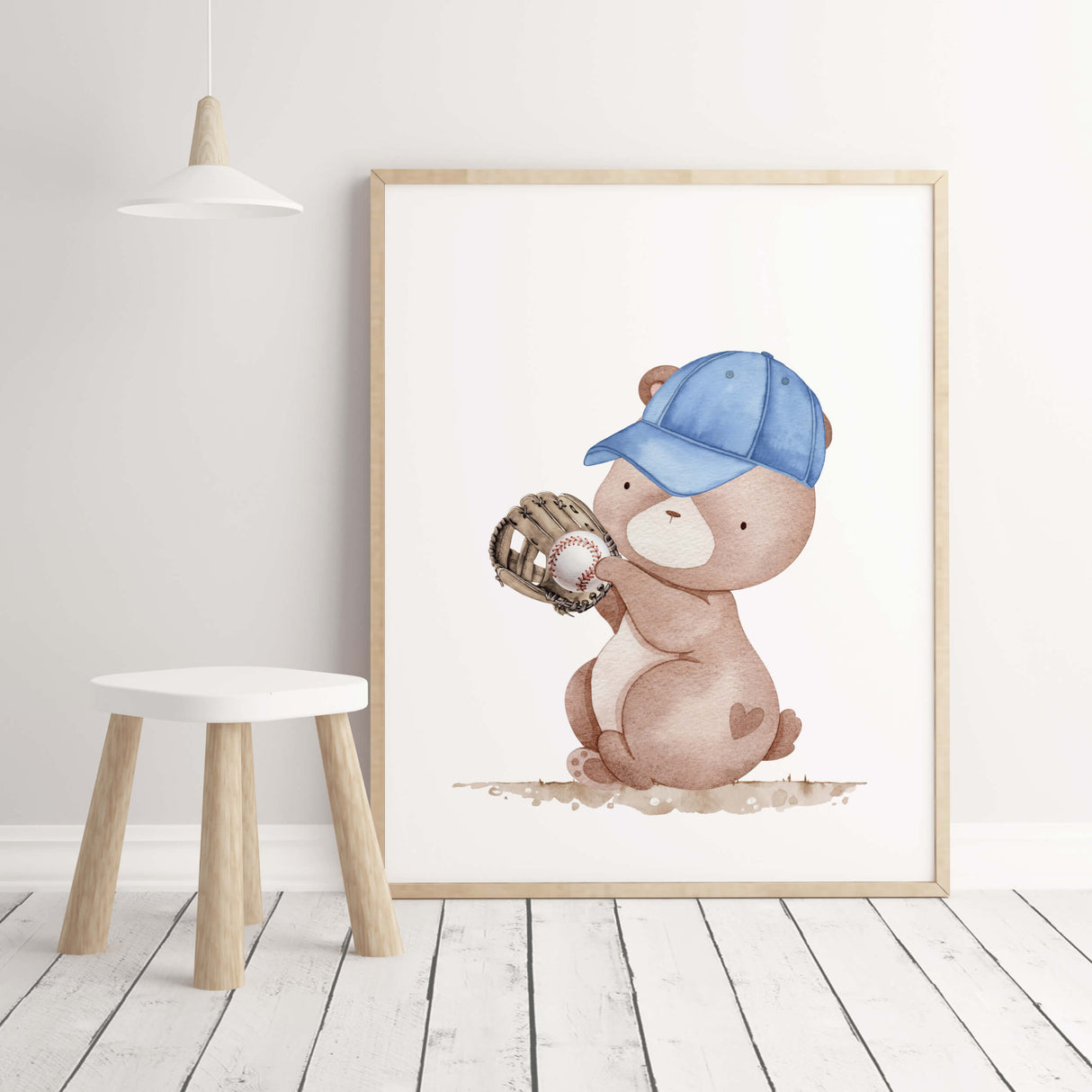 Watercolor baseball with woodland animals (bear) nursery print for baby boys room decor, toddler room decor.