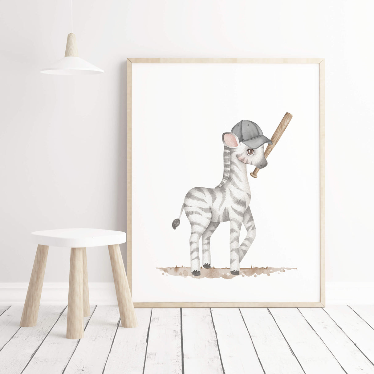 Watercolor baseball nursery print with zebra in gray, brown colors for baby boys room and toddler room decor, kids room decor.