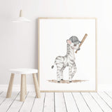 Watercolor baseball nursery print with zebra in gray, brown colors for baby boys room and toddler room decor, kids room decor.