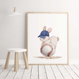 Watercolor baseball woodland animals print with bunny in beige, brown and navy colors for toddler room decor and baby boys room decor.