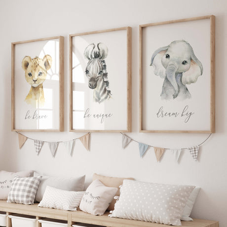 Set of 3 watercolor safari print with inspirational quote for gender neutral nursery decor, boho nursery decor, includes: lion - be brave, Elephant - dream big, Zebra - be unique.